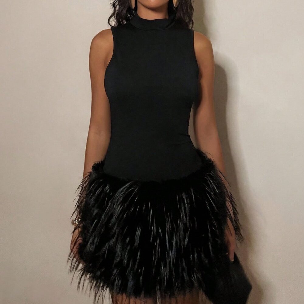 Black Casual Womens High-Necked Fur-Trimmed Dress